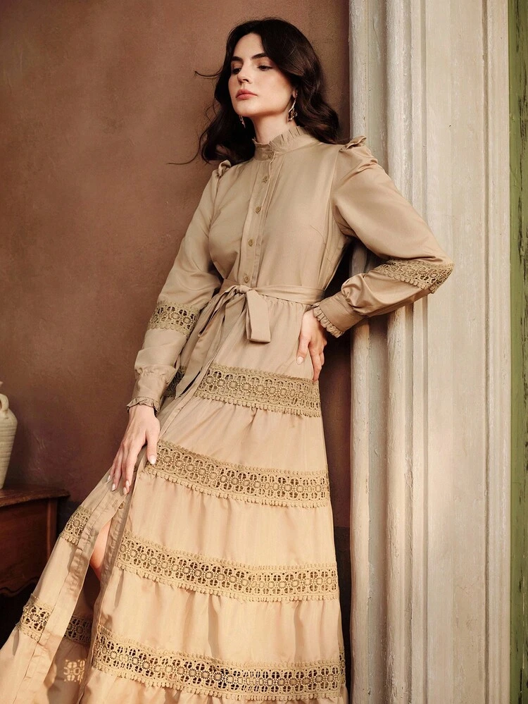 Women's Frill Collar Contrast Lace Long Sleeve Single-Breasted Elegant Dress