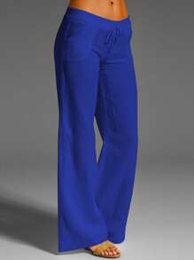 EMERY ROSE Women's White Linen Pocket Casual Pants, Spring/Summer Fall Cloth For Women