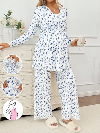 SHEIN 2pcs Casual Nursing Set: Long Sleeve Top And Loose Pants,Loungewear,Sleepwear,Sleepwear Set