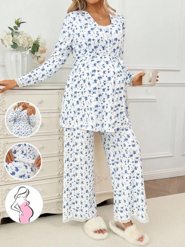 SHEIN 2pcs Casual Nursing Set: Long Sleeve Top And Loose Pants,Loungewear,Sleepwear,Sleepwear Set