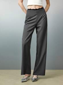 Airlisse Women's Straight Loose Lace Patchwork Formal Elegant Pants - Grey - View 6
