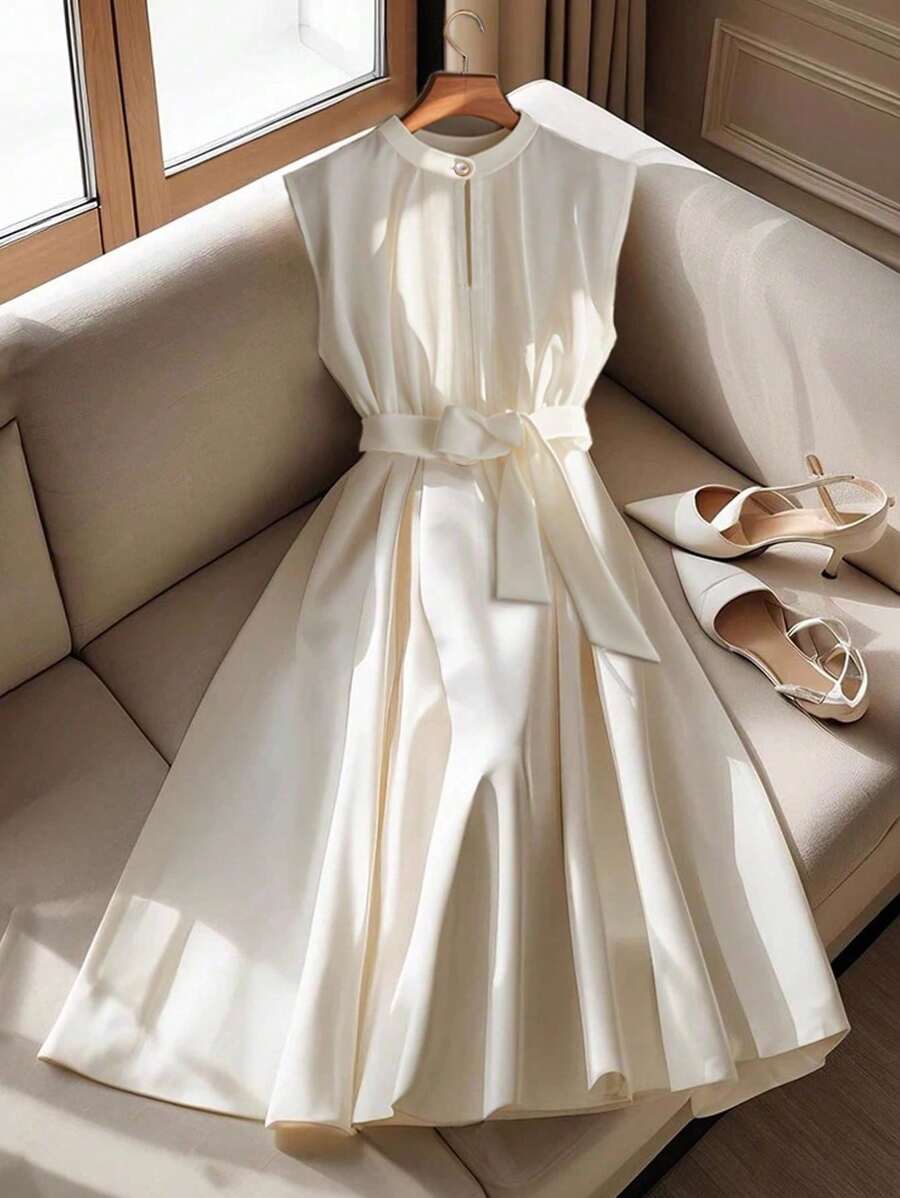 Franclia 休闲优雅前开中开珍珠纽扣收腰荷叶边下摆连衣裙，A 字型，杏色，夏季新款 - 杏色 - 查看 1