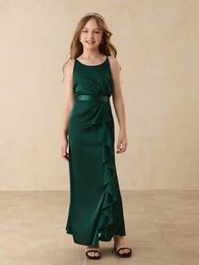 Flower Girl Dress With Satin Halter Neck, Ruched Hem, High Slit And Ruffle Trim, Elegant For Wedding, Christmas, Halloween, Party, Graduation - Green - View 3