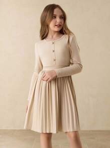 Girls' Casual Minimalist Daily Round Neck Raglan Long Sleeve Mid-Length Solid Color Pleated Dress With Pearl Buttons, Khaki, Suitable For Halloween, Christmas, Autumn/Winter. Paired With Crossbody Bag And Slip Dress For Party Fall - Khaki - View 3