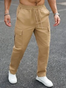 Manfinity Homme 男士休闲纯色工装裤 男士卡其色工装裤 卡其色慢跑裤 男士米色裤子 男士裤子 卡其色男士工装裤，秋季 - 卡其色 - 查看 7