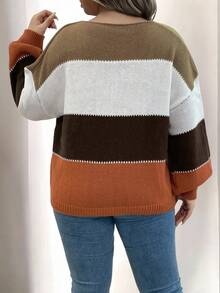 SHEIN Plus Size Casual Colorblock Round Neck Plus Size Sweater, Autumn/Winter Fall Cloth For Women - Red - View 2