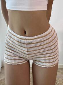 Sunnyshic Khaki & White Striped Ark Texture Fabric Low Waist Skinny Ultra-Short Shorts, Suitable For Vacation, Beach, Casual, Daily Wear, Streetwear, Versatile, Spring/Summer, For Women