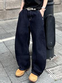 PAVTROS 男士时尚口袋印花宽松牛仔裤 - 深色水洗藍 - 查看 5