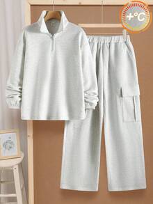SHEIN Teen Boys' Gray Minimalist Casual Autumn Set,Stand Collar Sweatshirt And Utility Pants,Everyday Wear 2pc Comfortable Fashionable Collegiate Style - Grey - View 2
