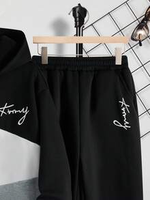 SHEIN 青少年男孩拼色文字刺繡連帽衛衣與運動長褲2件套，返校街頭風畢業秋季休閒運動服套裝 - 彩色 - 查看 5