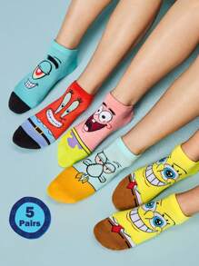 SpongeBob SquarePants | SHEIN 5 双柔软透气吸湿排汗休闲女士踝袜，带有 & & Squidward & Krusty Krab 时尚可爱的彩色短袜，加固脚趾和脚跟，经久耐用，男女通用，四季百搭，夏季冬季 - 彩色 - 查看 2