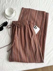 SHEIN Comfortcana Linen Textured Striped Drawstring Waist Comfortable Casual Plus Size Pants - Red - View 3