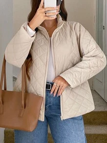 SHEIN LUNE 大码女式纯色长袖拉链休闲冬季外套，飞行夹克，长袖保暖升级外套女士冬装女士冬装万圣节服装，万圣节外套工作服女士通勤简约办公室老款外套，适合日常穿着，通勤，极简主义，优雅时尚的通勤，休闲休闲风格，纯色，女士秋季服装秋季 - 杏色 - 查看 6