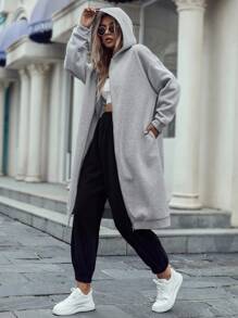 SHEIN Unity Drop Shoulder Hidden Pocket Zipper Longline Hoodie,Ladies Late Fall Casual Pocket,Zipper Long Sleeve Hooded Oversized Long Grey Drop Shoulder Zip Up Women Hoodies,Long Sleeve Tops Graduation,Back To School Outfits,Graduation,Teacher Outfits For Women,Back To School Pullover - Grey - View 1