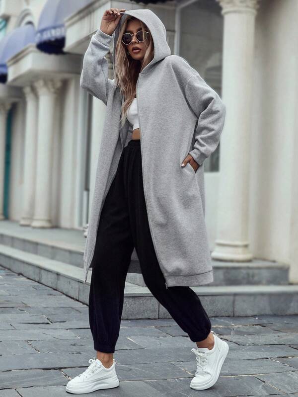 SHEIN Unity Drop Shoulder Hidden Pocket Zipper Longline Hoodie,Ladies Late Fall Casual Pocket,Zipper Long Sleeve Hooded Oversized Long Grey Drop Shoulder Zip Up Women Hoodies,Long Sleeve Tops Graduation,Back To School Outfits,Graduation,Teacher Outfits For Women,Back To School Pullover