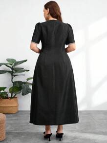 Modelyn Plus Size Women V-Neck Short Sleeve Ruched Flared Hem Jacquard Elegant Luxurious Formal Evening Dress - Black - View 2
