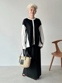 FRIFUL Conjunto de 2 piezas de mujer con decoración de patchwork, manga larga, informal y holgado, adecuado para negocios y atuendos de aeropuerto - Negro - Ver 3