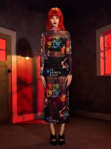 IT x SHEIN 女式字母与图案透视长袖连衣裙 - 黑色 - 查看 3