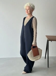 FRIFUL Damski jednokolorowy, bezrękawnik, dekolt w serek, zamek błyskawiczny, prosty, luźny, swobodny kombinezon, uniwersalny strój na lotnisko, jesienny kombinezon - Szary - Zobacz 3