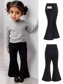 Baby Girl Black Thermal Lined Casual Comfortable Versatile Solid Color Flare Pants, Autumn/Winter Fall - Black - View 1