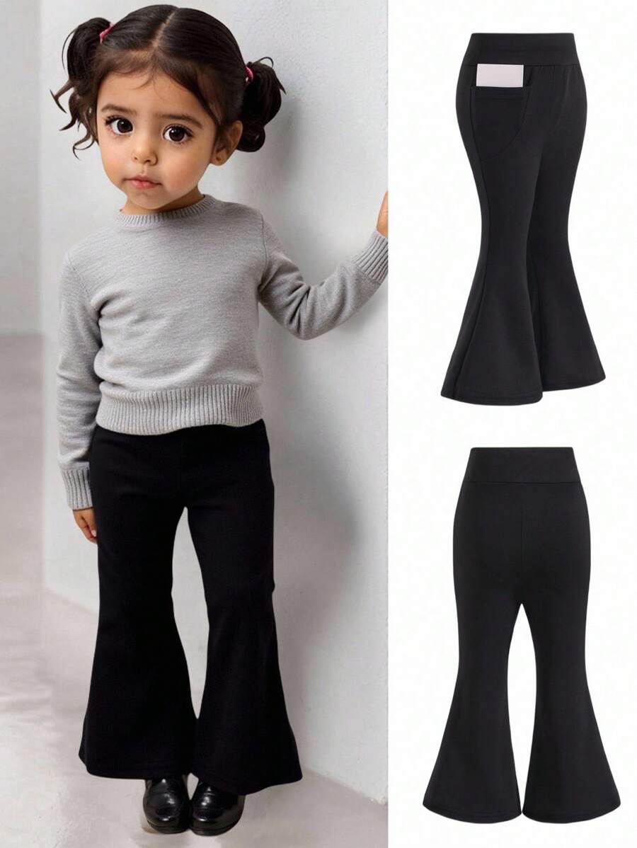 Baby Girl Black Thermal Lined Casual Comfortable Versatile Solid Color Flare Pants, Autumn/Winter Fall - Black - View 1