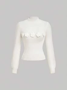 Skyraze Women's French Delicate 3D Floral Knit Sweater In Fall/Winter - White - View 2