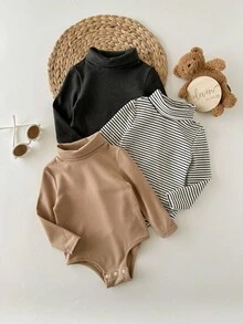 SHEIN Set de 3 piezas de body de manga larga con cuello de tortuga casual y cómodo para bebé niño en otoño e invierno - Multicolor - Ver 3