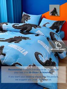 GODZILLAxKONG X SHEIN 3pcs Cartoon Pattern Bedding Set, Soft, Breathable And Warm, Suitable For Single/Double/Queen/King Size Beds, Great For Children,Dinosaur For Bedroom Decor
