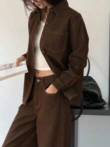 DAZY 女式长袖衬衫和宽松长裤两件套休闲牛仔套装 - 咖啡棕 - 查看 2