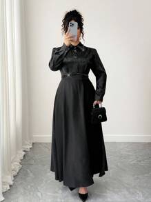 Elenzga Váy dài tay cổ ngọc trai họa tiết jacquard thanh lịch dành cho nữ cỡ lớn - màu đen - Xem 5