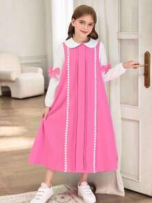 SHEIN Girls' Peter Pan Collar Colorblock Bowknot Puff Sleeve Ruffle Hem Vintage Fairy Tale Princess Dress