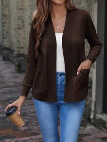SHEIN LUNE Áo khoác len cardigan dệt kim đa năng, thường ngày, có túi màu trơn - màu nâu - Xem 1