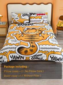 GARFIELD | SHEIN 3pc Cartoon Cat & Letter Print Bedding Set,Suitable For Single Bed/Double Bed/Queen Bed/King Bed, Dormitory/Home - Multicolor - View 6