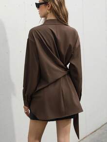 Aveloria Modichic 经典纯色法式奢华优雅不对称系带腰长袖衬衫，修身高端休闲百搭上衣，适合所有季节 - 棕色 - 查看 2