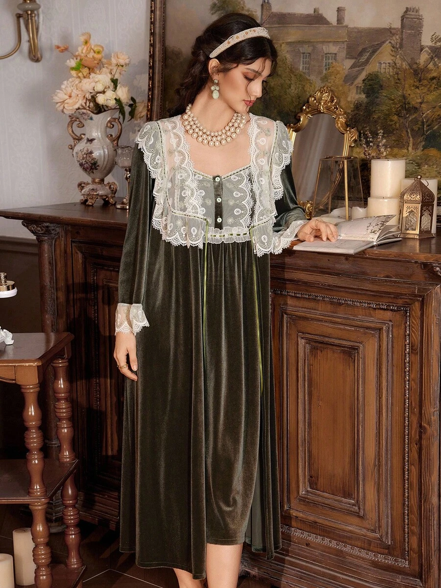 PalaceNights Vintage Palace Embroidered Trim Wide Strap Women's Cami Nightgown And Robe 2 Pieces Set, Fall & Winter Clothes - Dark Green - View 1