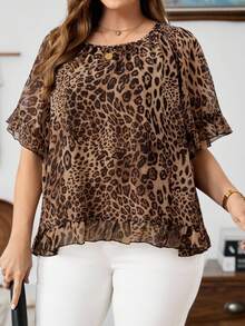 EMERY ROSE Plus Size Women's Leopard Print Ruffle Sleeve Loose Fashion Blouse Summer,Autumn,Fall Women's Clothes - Brown - View 3