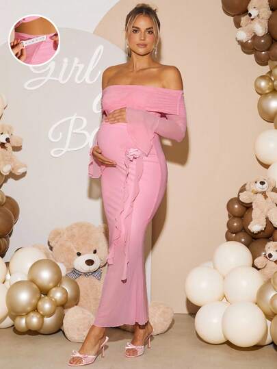 Loomaby Solid Color Off Shoulder Top And Fitted Skirt Maternity 2 Pieces Set,Gender Reveal Dress,Maternity Dress,Baby Shower Dress