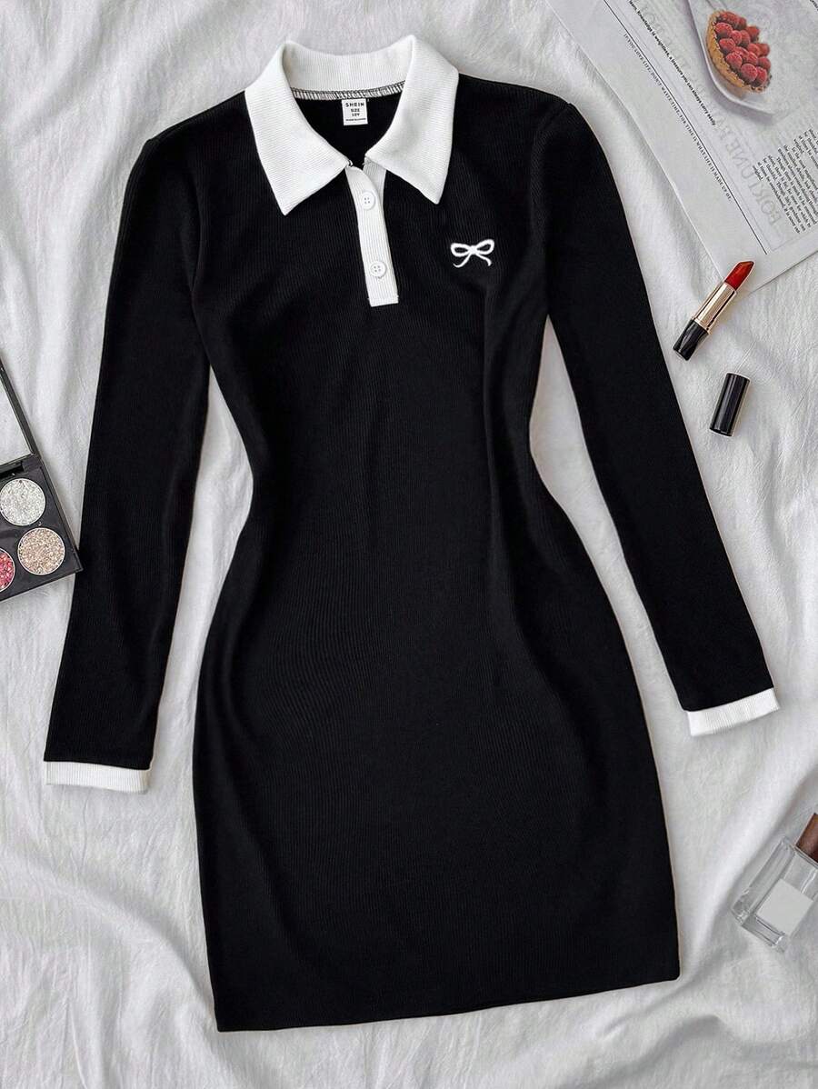 SHEIN Tween-Mädchen Schwarz-weißes, lässiges, personalisiertes Kleid mit Kontrastkragen, gerippten Strickknöpfen und enger Passform, langärmliges Sommerkleid mit Polokragen, Schmetterlingsstickerei - Schwarz und Weiss - Übersicht 1