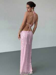 Aloruh 女士系带露背亮片吊带上衣，适合春夏季度假 - 淺粉色 - 查看 2