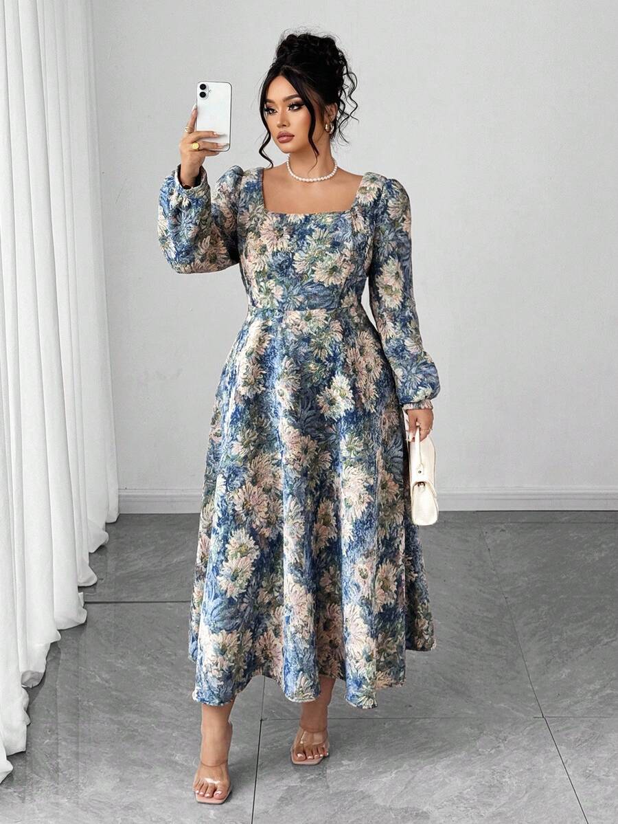 Elenzga Elegant Square Collar Waist Cinched Jacquard Dress Fall Cloth For Women - Green - View 1