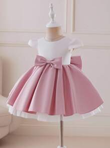 Glamorique Kids Baby Girls' White & Pink Satin Tulle Puff Skirt Dress, Beaded Back Bow Flower Girl Wedding Party Celebration Pageant Outfit, Infant Short Sleeve Dress Fall Winter