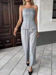 2025年夏季女式纯色休闲无袖连体裤 - 深灰色 - 查看 4