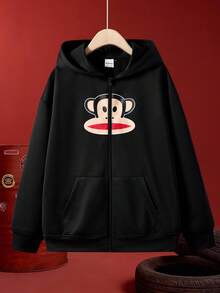 Paul Frank X SHEIN Áo khoác nam dài tay in hình khỉ hoạt hình, có mũ trùm đầu và khóa kéo, tai 3D, kiểu dáng thường ngày, thích hợp cho mùa thu. - màu đen - Xem 7