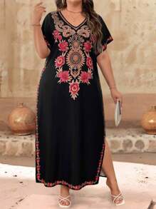 EMERY ROSE Plus Size Women Floral Print V-Neck Short Sleeve Loose Casual Dress