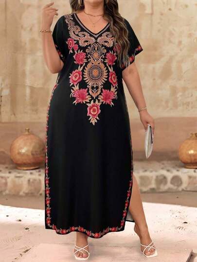 EMERY ROSE Plus Size Kvinnor Blommönster V-ringad Kortärmad Lös Casual Klänning