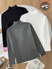 SHEIN 3-Pack Teenage Boys' Minimalist Stand Collar All-Match Tops, Black/White/Gray, Casual, Comfortable, Versatile, Suitable For School, Outings, Outdoor Activities, Layering, Autumn/Winter Turtleneck Long Sleeve Tops Boys Turtleneck Plain Turtleneck Turtlenecks - Multicolor - View 3