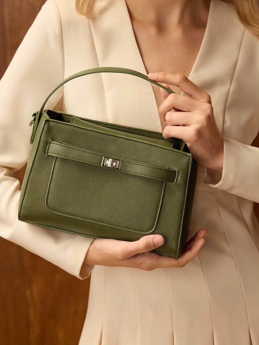 MOTF PREMIUM TÚI XÁCH TAY BẰNG DA PU CÓ KHÓA VẶN - Màu xanh Ô liu - Xem 1