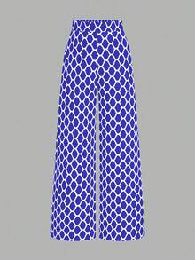 EMERY ROSE 大码高腰印花休闲裤，简约风格，适合日常穿着，情人节春季女装，情人节简约可爱节日服装，女士优雅阔腿裤 - 彩色 - 查看 1