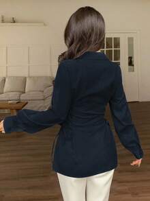 Modelyn Áo sơ mi thời trang màu trơn cổ bẻ chéo bên hông cài nút phía trước cho nữ Áo cánh màu xanh navy Áo cánh bó sát cho nữ Áo cánh tay dài Áo màu xanh đậm Áo corset - Màu xanh hải quân - Xem 3