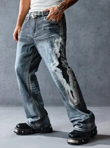 ROMWE MEN Street Life Jeans casuales y versátiles para hombres con cierre de botones y pierna entallada - Azul - Ver 1